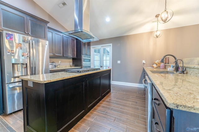 4198 Pilgrims Rest Rd, Southside, AL 35907 - kitchen featuring appliances with stainless steel finishes, island exhaust hood, a kitchen island, a sink, and wood finished floors
