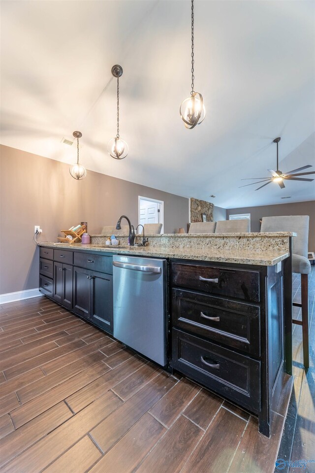 4198 Pilgrims Rest Rd, Southside, AL 35907 - kitchen with stainless steel dishwasher, a sink, dark wood-style floors, hanging light fixtures, and a ceiling fan