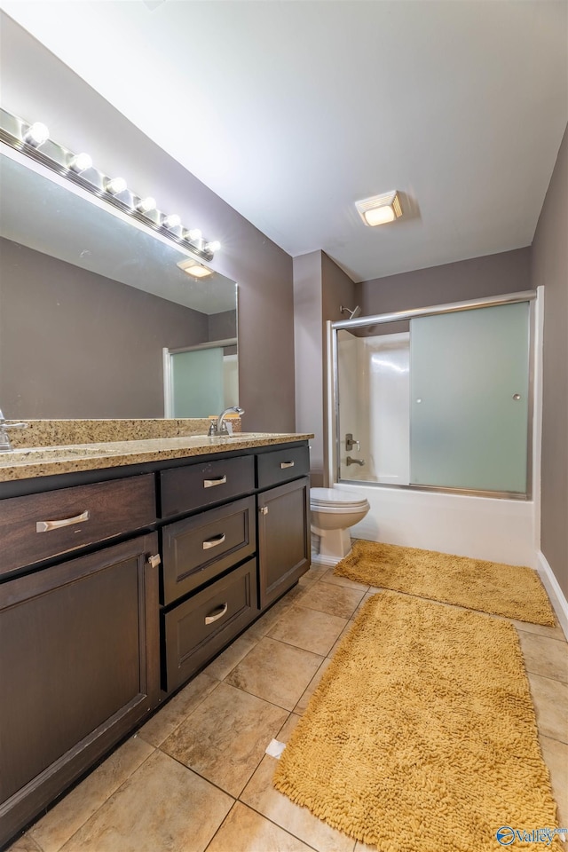 4198 Pilgrims Rest Rd, Southside, AL 35907 - bathroom featuring shower / bath combination with glass door, vanity, toilet, and tile patterned flooring