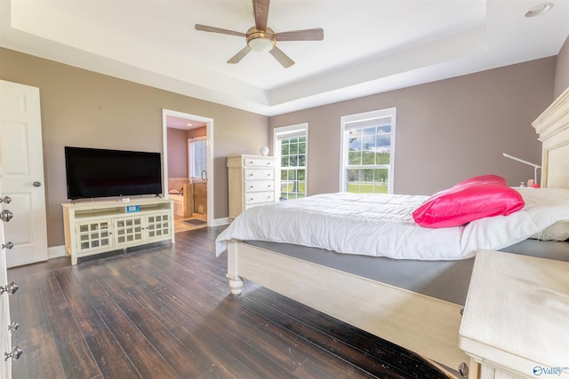 4198 Pilgrims Rest Rd, Southside, AL 35907 - bedroom with a raised ceiling, hardwood / wood-style floors, connected bathroom, ceiling fan, and baseboards