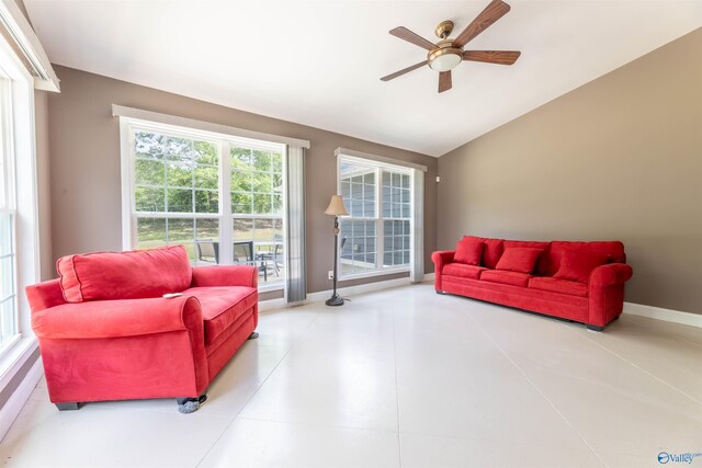 4198 Pilgrims Rest Rd, Southside, AL 35907 - living area featuring lofted ceiling, ceiling fan, and baseboards