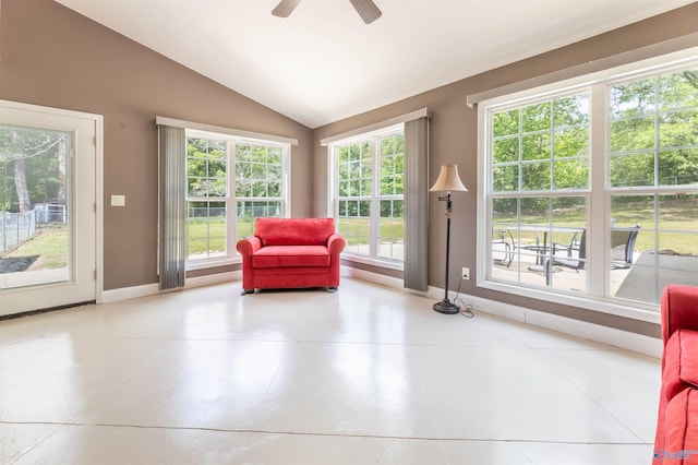 4198 Pilgrims Rest Rd, Southside, AL 35907 - living area featuring healthy amount of natural light, lofted ceiling, baseboards, and ceiling fan