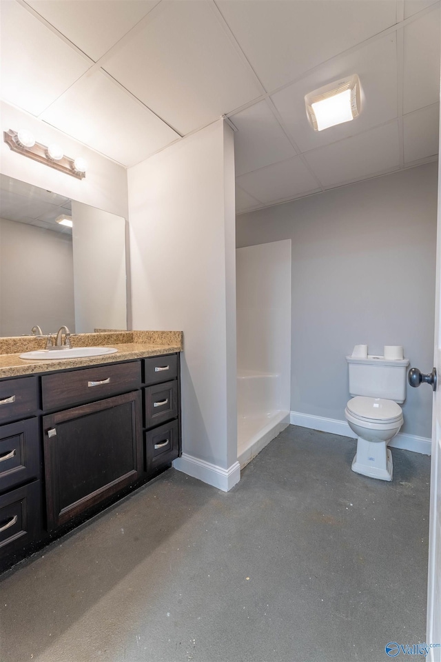 4198 Pilgrims Rest Rd, Southside, AL 35907 - bathroom with baseboards, vanity, a shower, toilet, and a drop ceiling