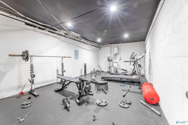 4198 Pilgrims Rest Rd, Southside, AL 35907 - workout area featuring concrete block wall, recessed lighting, and electric panel