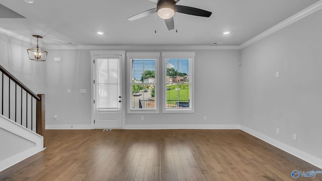 130 Iberville St, Madison, AL 35758 - entrance foyer featuring crown molding, ceiling fan, wood finished floors, stairs, and recessed lighting
