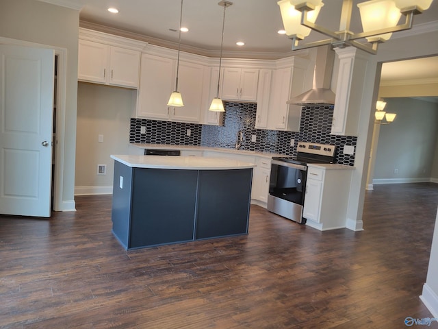 kitchen with dark hardwood / wood-style flooring, electric range, white cabinets, and wall chimney exhaust hood