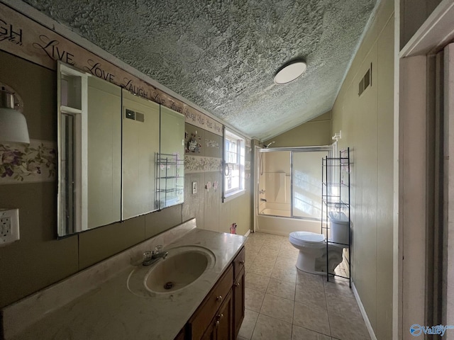 full bathroom featuring a textured ceiling, shower / bath combination with glass door, tile patterned flooring, toilet, and lofted ceiling