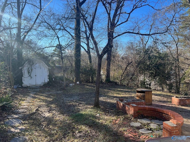 view of yard featuring a storage shed