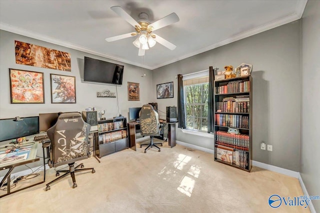 home office featuring ceiling fan, ornamental molding, and carpet flooring