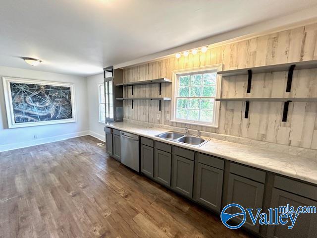 kitchen featuring a healthy amount of sunlight, open shelves, dishwasher, a sink, and gray cabinetry