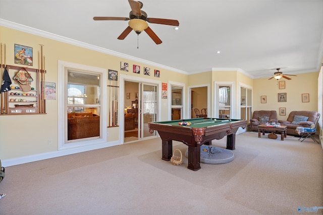 playroom with billiards, recessed lighting, carpet floors, crown molding, and baseboards