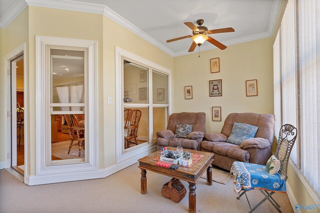 living room with baseboards, carpet floors, and ornamental molding