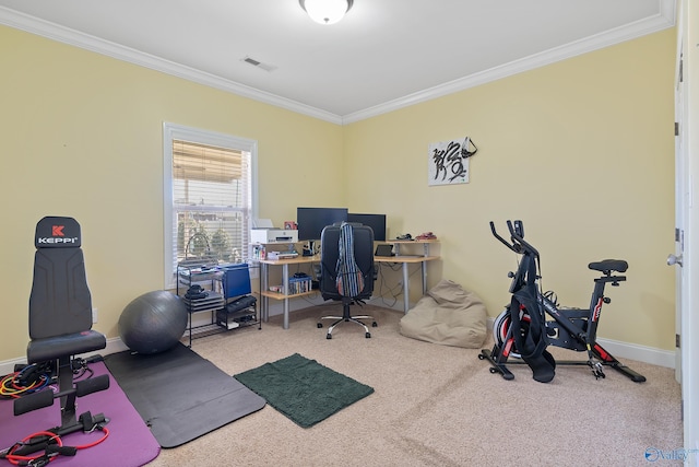 carpeted office featuring visible vents, baseboards, and crown molding