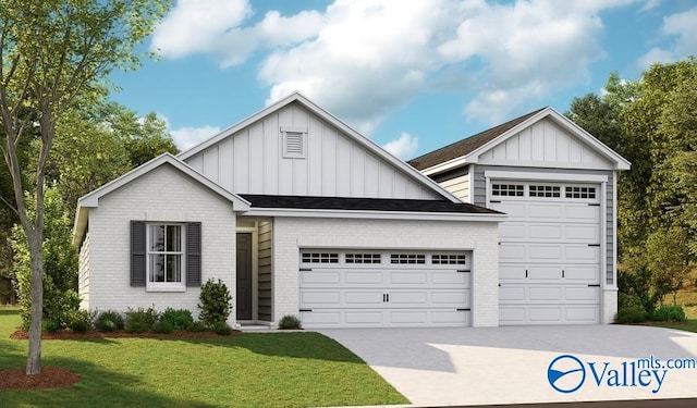 modern farmhouse with an attached garage, brick siding, board and batten siding, and driveway