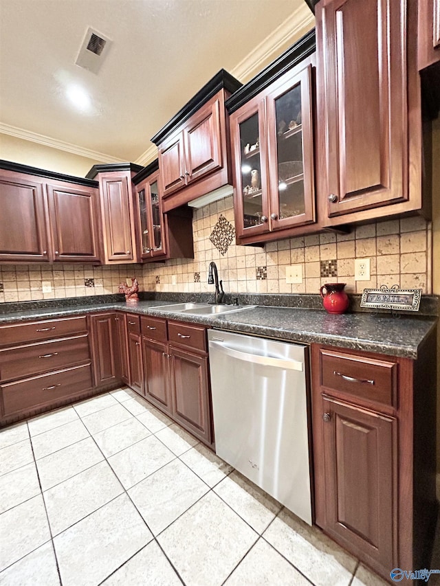 kitchen with dishwasher, sink, ornamental molding, and decorative backsplash