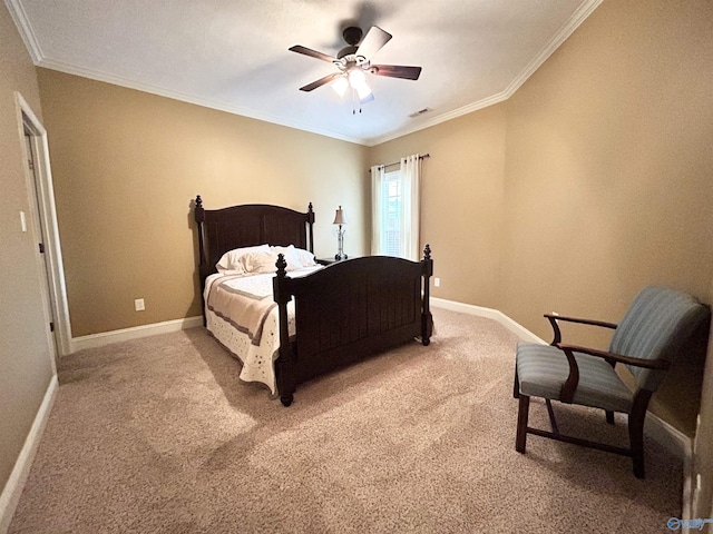 carpeted bedroom with crown molding and ceiling fan