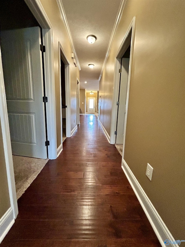 corridor with crown molding and dark hardwood / wood-style floors