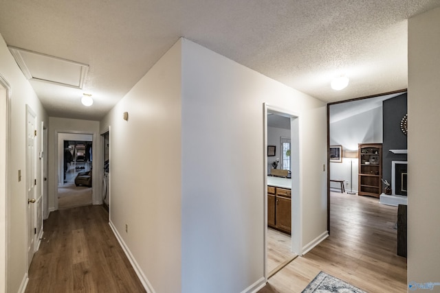 hallway with a textured ceiling and light hardwood / wood-style floors