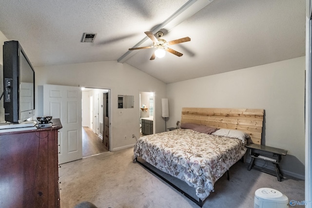 carpeted bedroom featuring vaulted ceiling with beams, a textured ceiling, and ceiling fan