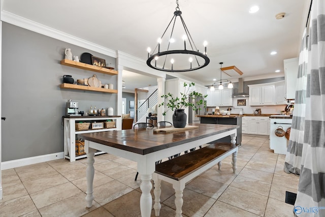 dining room with ornamental molding, recessed lighting, stairway, and light tile patterned floors