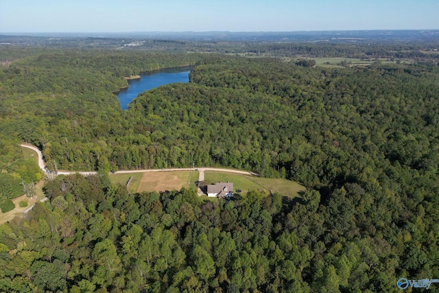 birds eye view of property with a forest view and a water view