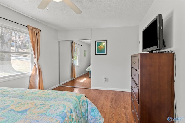 bedroom featuring multiple windows, wood finished floors, baseboards, and a closet