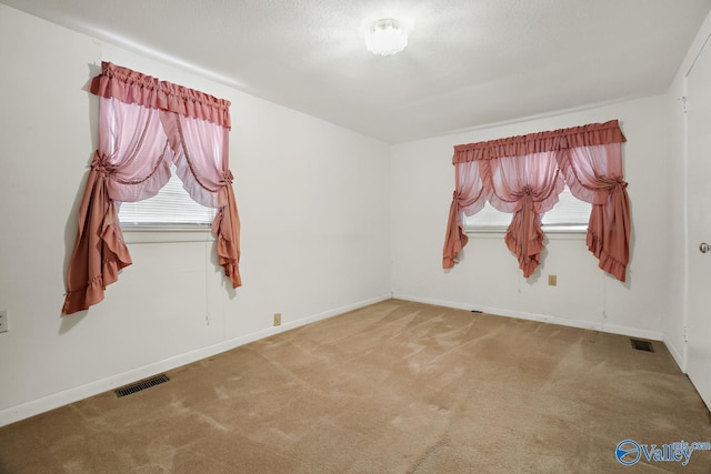 empty room with carpet floors and a textured ceiling