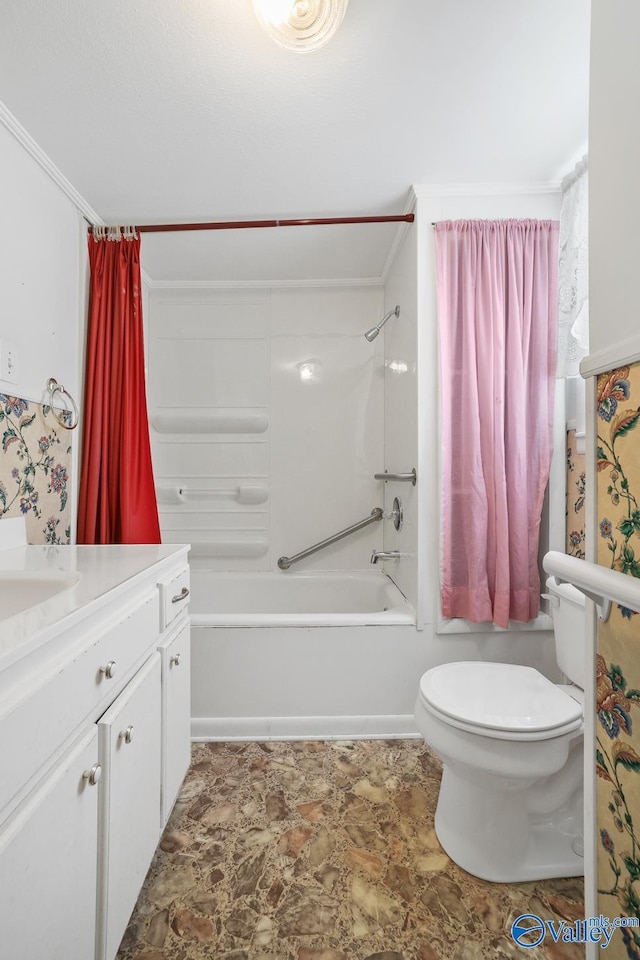 full bathroom featuring shower / tub combo, vanity, ornamental molding, and toilet