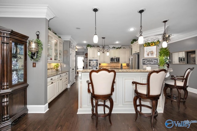 kitchen featuring pendant lighting, dark hardwood / wood-style flooring, light stone counters, and appliances with stainless steel finishes