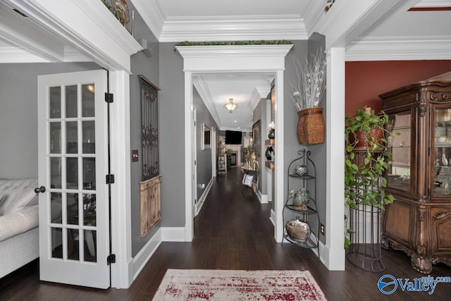 hallway with crown molding, french doors, and dark hardwood / wood-style floors