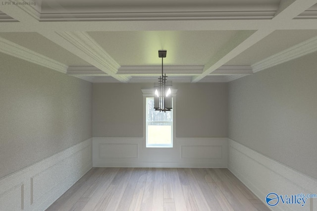 GREENLAND-D Newby Chapel Rd, Athens, AL 35613 - unfurnished room with a chandelier, light wood finished floors, beamed ceiling, coffered ceiling, and ornamental molding