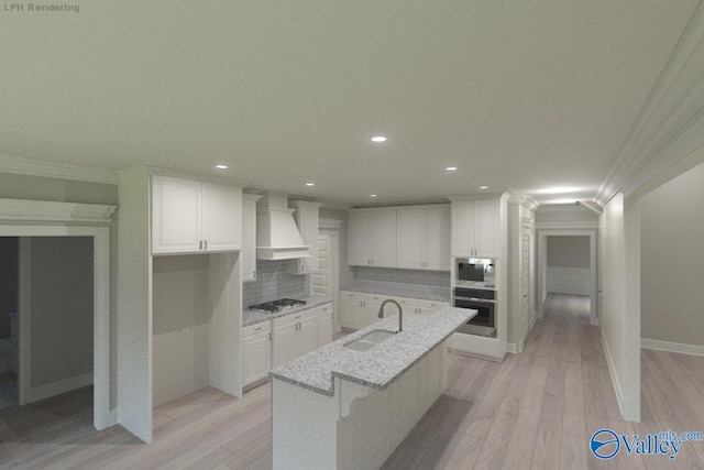 GREENLAND-D Newby Chapel Rd, Athens, AL 35613 - kitchen featuring stainless steel oven, custom exhaust hood, a sink, crown molding, and tasteful backsplash