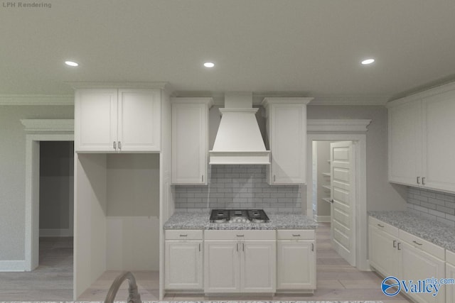 GREENLAND-D Newby Chapel Rd, Athens, AL 35613 - kitchen with custom range hood, white cabinets, crown molding, recessed lighting, and backsplash
