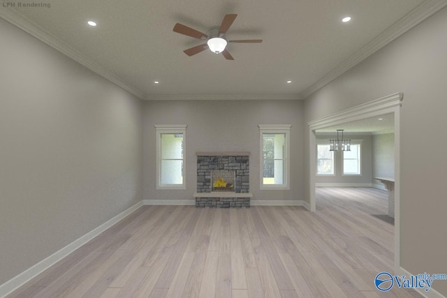 GREENLAND-D Newby Chapel Rd, Athens, AL 35613 - unfurnished living room featuring light wood-style floors, ceiling fan, recessed lighting, a fireplace, and baseboards