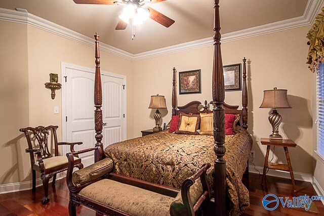 bedroom with dark hardwood / wood-style floors, ceiling fan, and ornamental molding