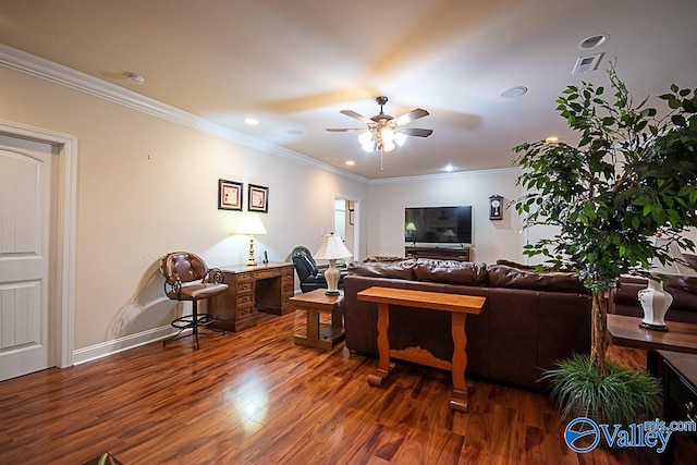 living room with ornamental molding, dark hardwood / wood-style flooring, and ceiling fan