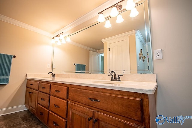 bathroom featuring tile patterned floors, ornamental molding, and dual bowl vanity