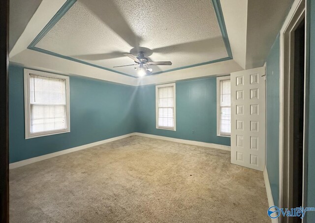 unfurnished room featuring light carpet, ceiling fan, and a textured ceiling