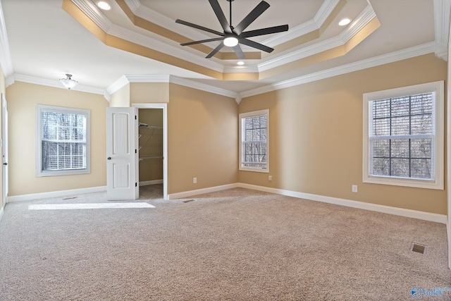 unfurnished bedroom featuring carpet floors, multiple windows, and a raised ceiling