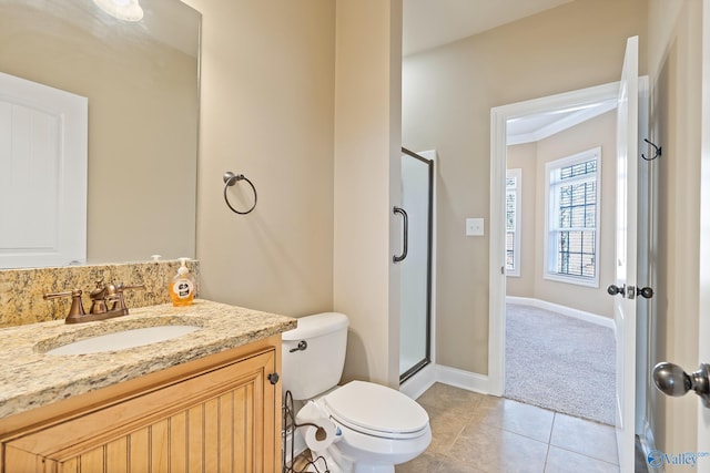 full bathroom featuring vanity, tile patterned flooring, a shower stall, and toilet