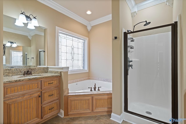 bathroom featuring ornamental molding, a shower stall, vanity, tile patterned flooring, and a bath