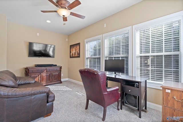 office space featuring ceiling fan, baseboards, carpet flooring, and recessed lighting