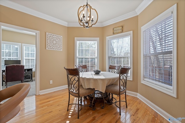 dining room featuring light wood-type flooring, plenty of natural light, and baseboards