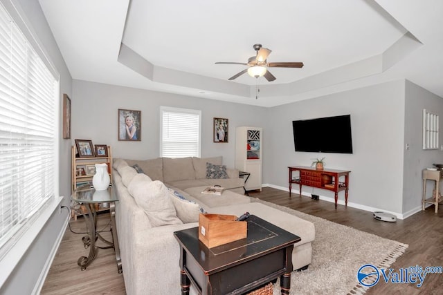 living room featuring a raised ceiling, ceiling fan, and wood-type flooring