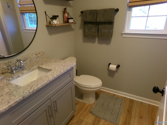 bathroom with vanity, wood-type flooring, and toilet