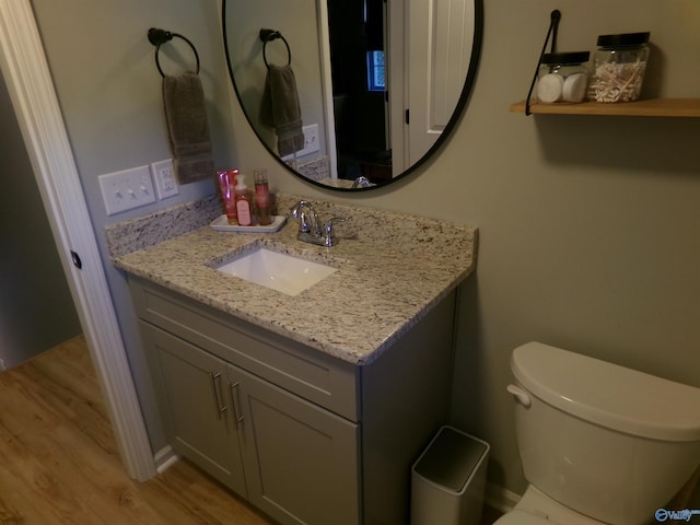 bathroom with toilet, vanity, and wood-type flooring