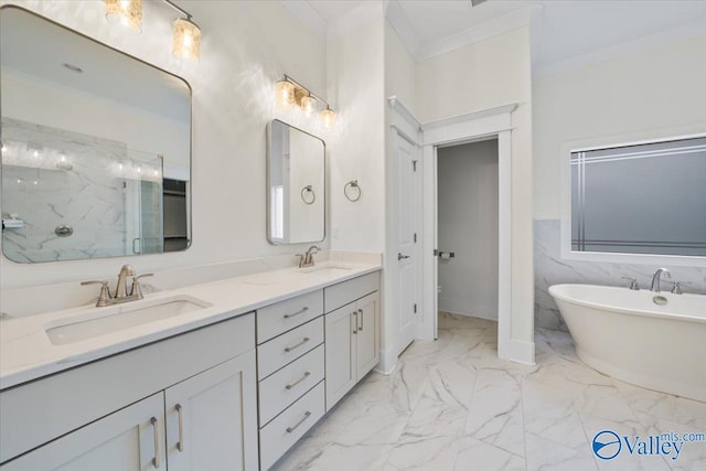 bathroom with vanity, ornamental molding, tile walls, and separate shower and tub