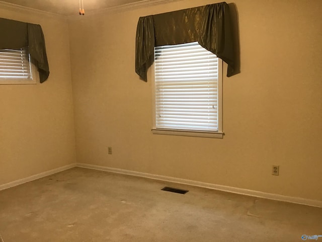 unfurnished room with crown molding and carpet flooring