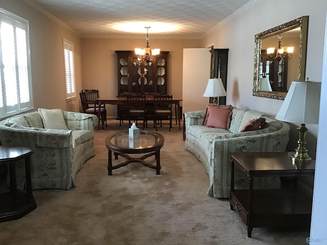 carpeted living room featuring ornamental molding and a notable chandelier