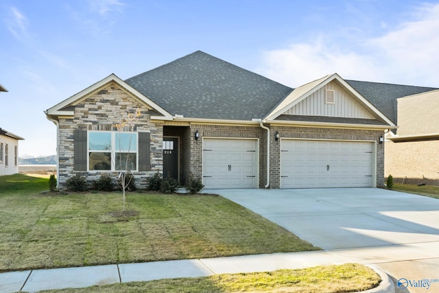 craftsman inspired home with a garage and a front yard